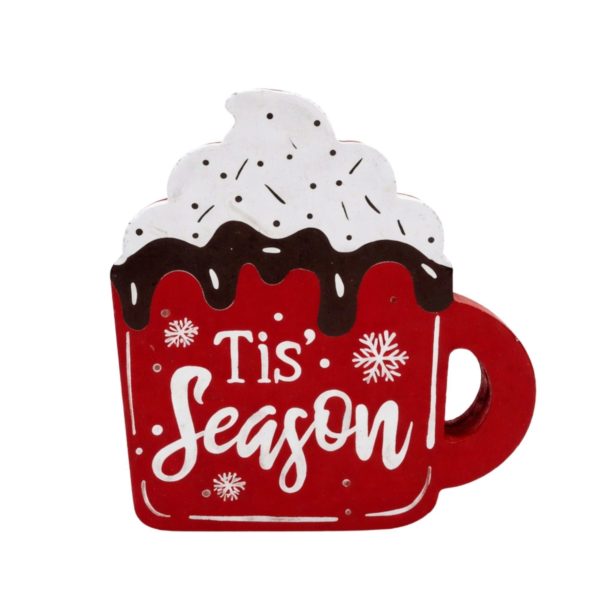 Tis' Season Wooden Block Hot Cocoa Red Mug Tabletop Decor