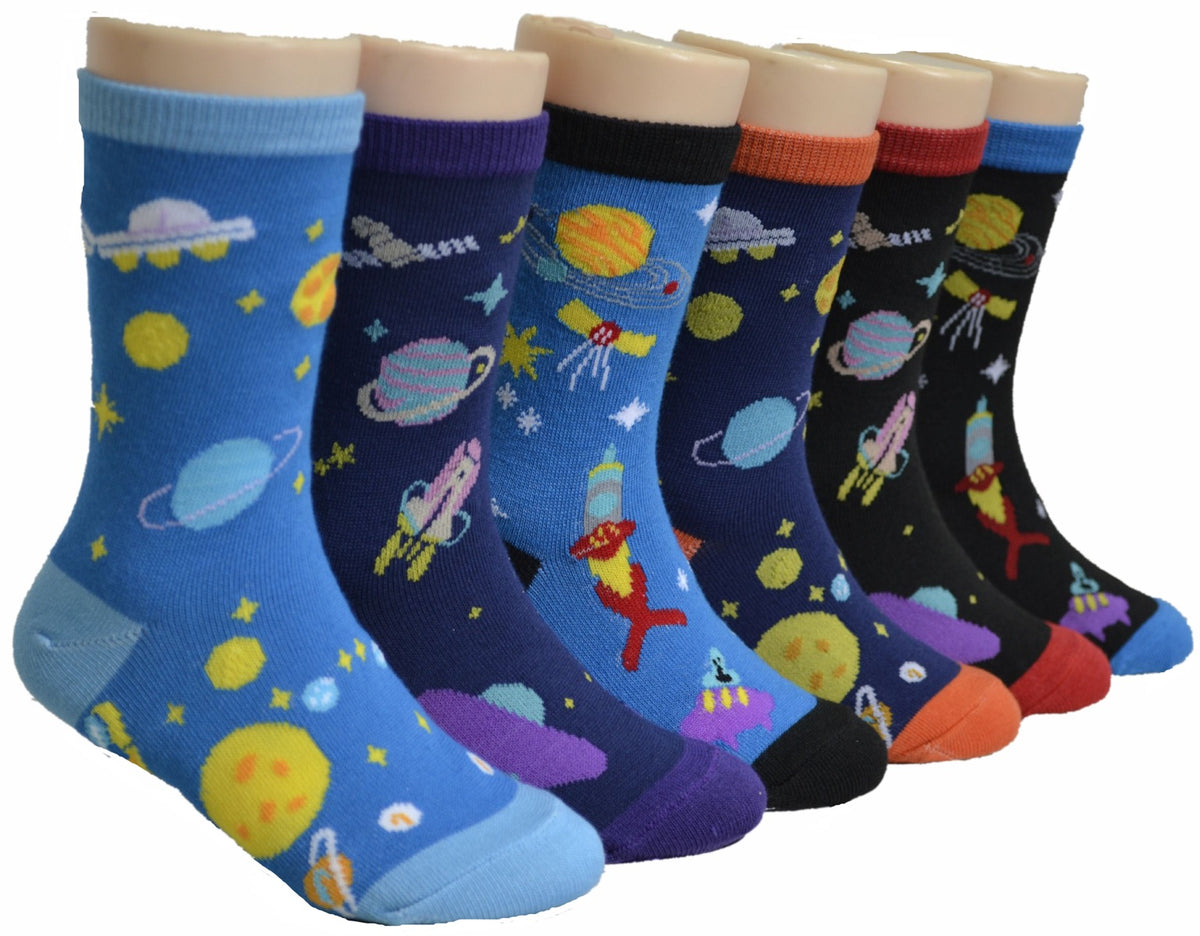 Boy's & Girl's Novelty Crew Socks - Space & Star Print - Size 6-8