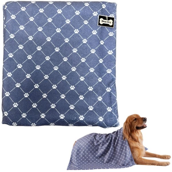 Bone Dry Pet Grooming Microfiber Towel in Blue Printed Trellis Collection