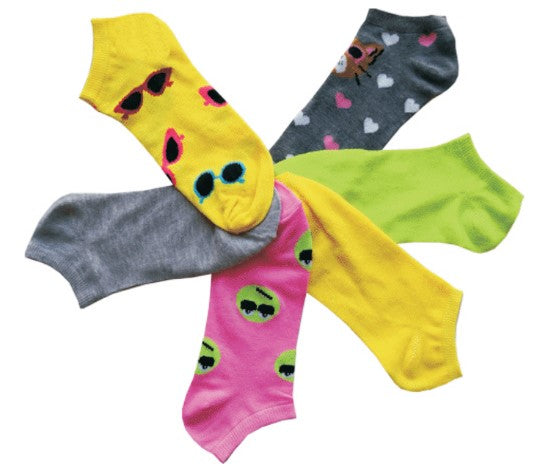 Women's Low Cut Novelty Socks - Sunglasses & Heart Print - Size 9-11 - 6-Pair Packs