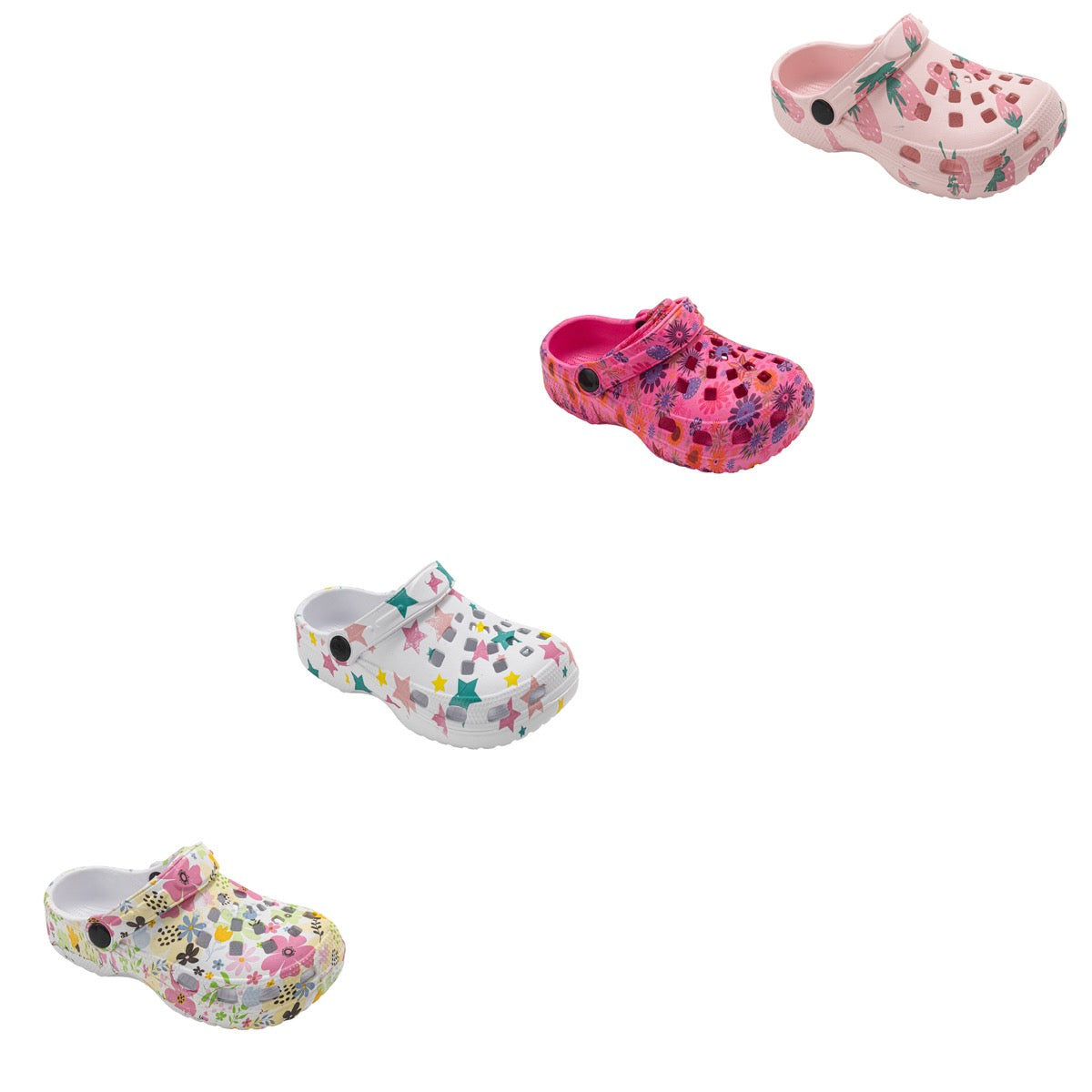 Girl's EVA Vented Bubble Clogs w/ Adjustable Heel Strap - Strawberry, Star, & Floral Print