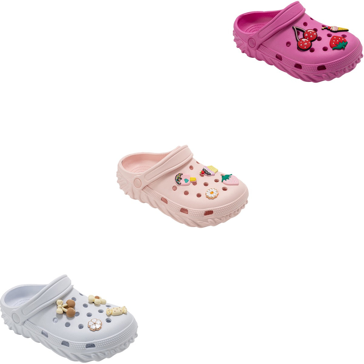 Girl's EVA Vented Bubble Clogs w/ Embroidered Wave Trim & Assorted Charms