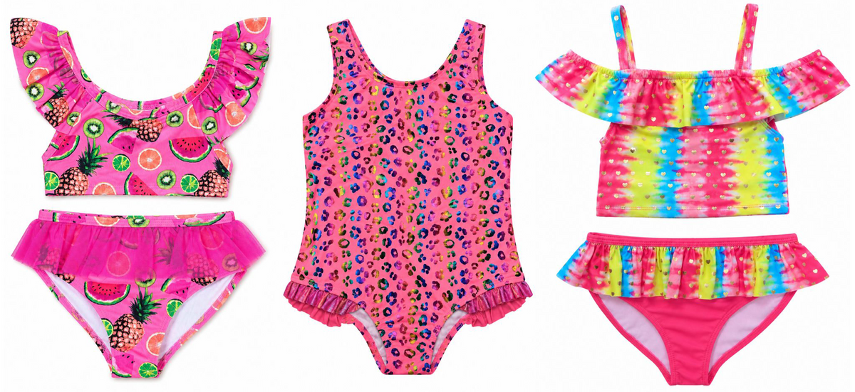 Girl's One-Piece & Two-Piece Swimsuits w/ Ruffle Details - Rainbow Tie-Dye, Leopard, & Tropical Fruit Print - Size 4-14