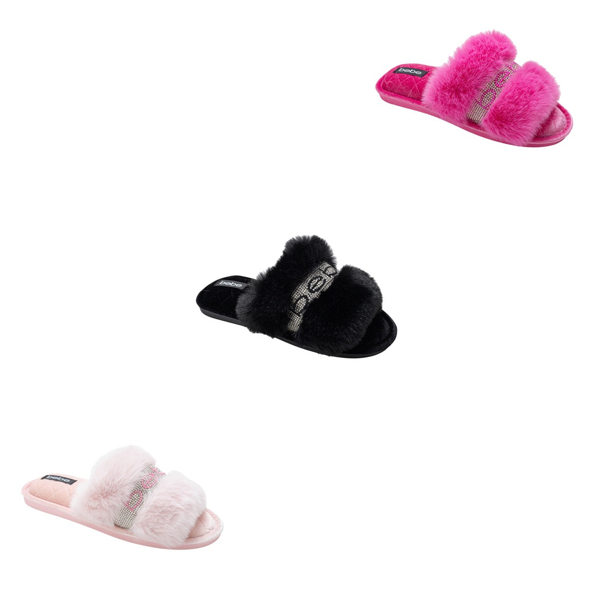 Bebe Women's Faux Fur Slide Bedroom Slippers w/ Rhinestone Logo Band - Choose Your Color(s)