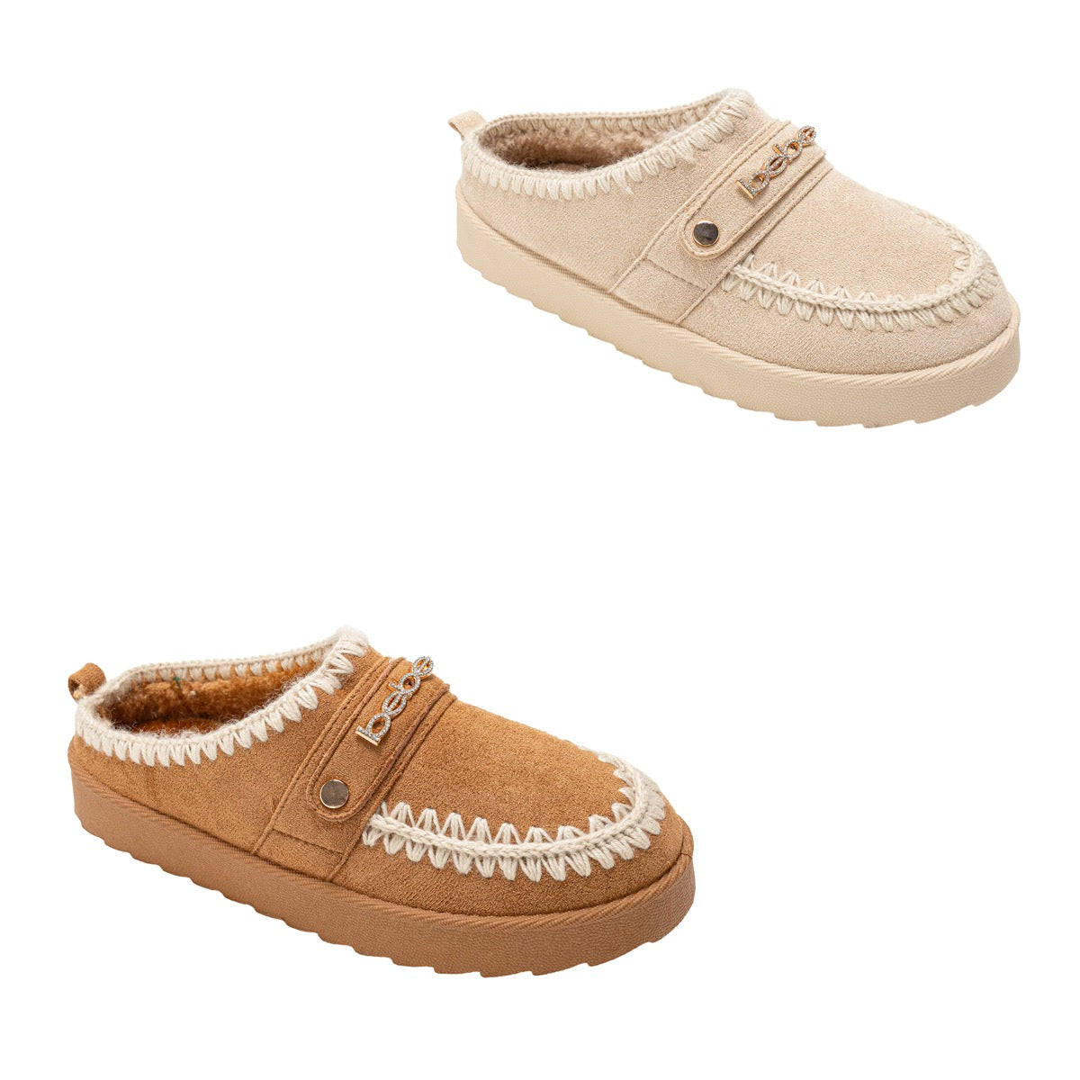 Bebe Women's Moccasin Stiched Slide Slippers w/ Faux Fur Lining & Bebe Ornament - Choose Your Color(s)