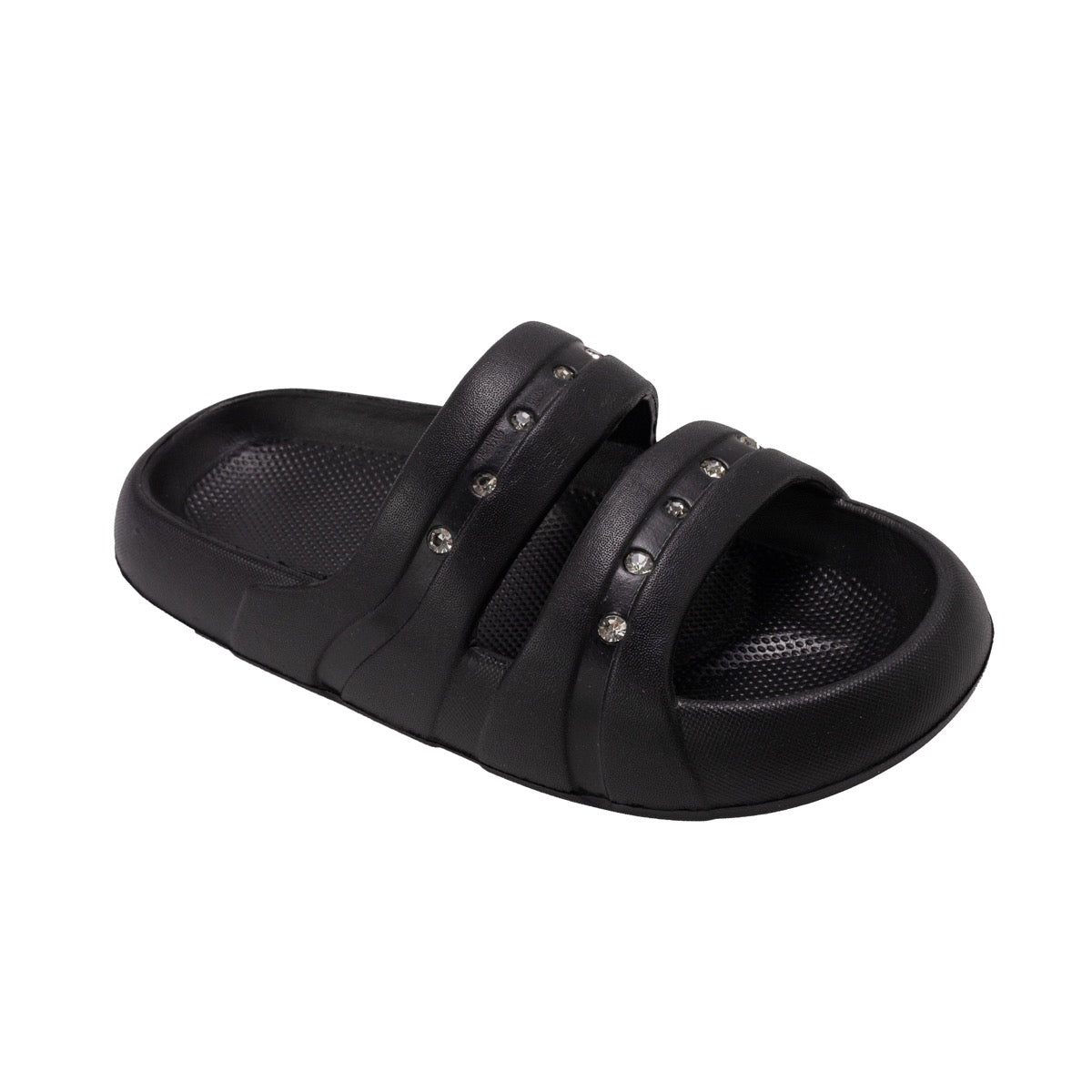 Bebe Double Strap Blown EVA Slide Sandals w/ Rhinestones