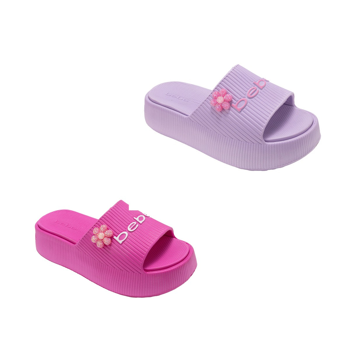 Bebe Girl's EVA Platform Slide Sandals w/ Embroidered Flower Charm - Choose Your Color(s)