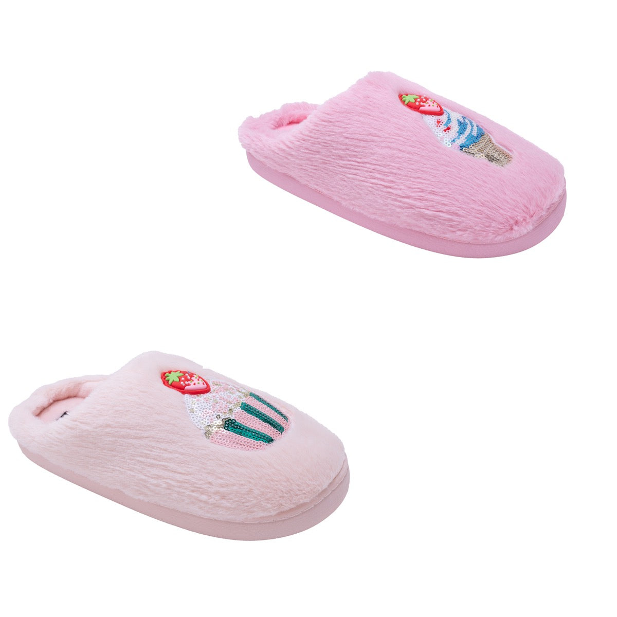 Women's Faux Fur Mule Bedroom Slippers w/ Sequin Patch & Strawberry Charm - Choose Your Color(s)