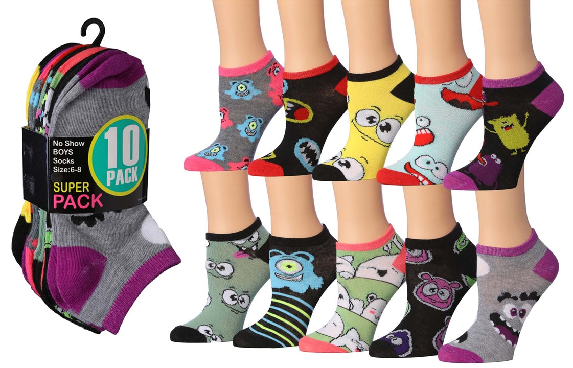 Boy's No Show Novelty Socks - Monster Faces - 10-Pair Packs - Size 6-8