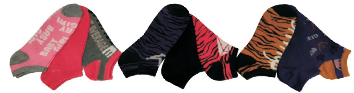 Women's Low Cut Patterned Socks - Tiger Stirpes & Baby Girl Print - Size 9-11 - 3-Pair Packs