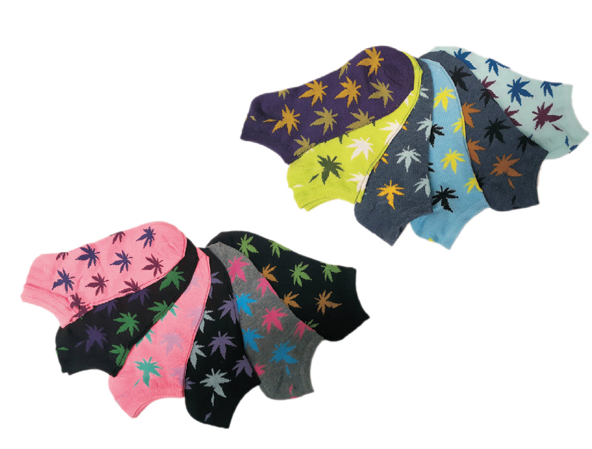 Women's Low Cut Novelty Socks - Two Tone Marijuana Leaf Print - Size 9-11 - 6-Pair Packs