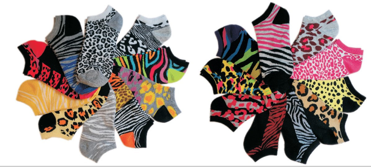 Women's No Show Novelty Socks - Colorful Zebra & Cheetah Print - 10-Pair Packs - Size 9-11