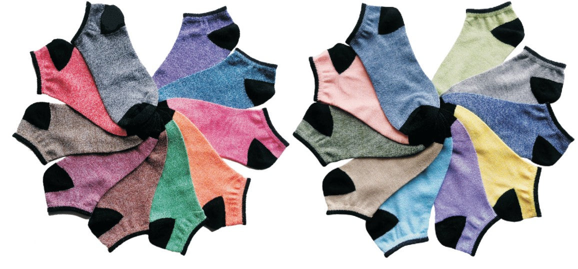 Women's No Show Heathered Novelty Socks - Solid Black Heel & Toe - 10-Pair Packs - Size 9-11