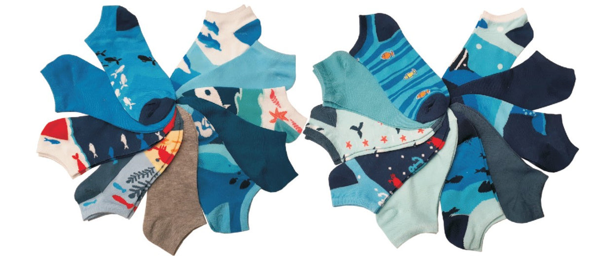 Women's No Show Novelty Socks - Ocean Print - 10-Pair Packs - Size 9-11