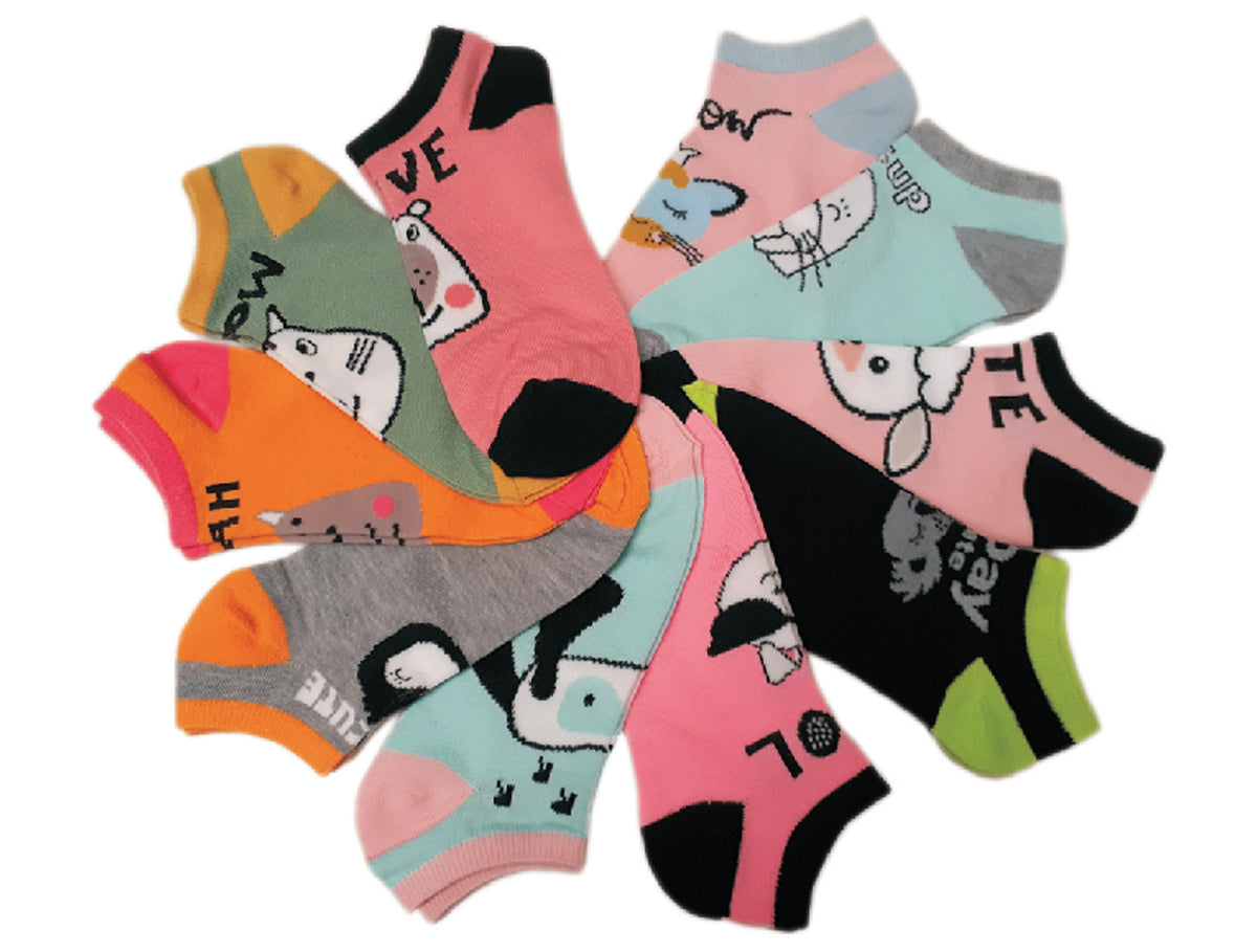 Women's No Show Novelty Socks - Cuddly Animal & Slogan Print - 10-Pair Packs - Size 9-11