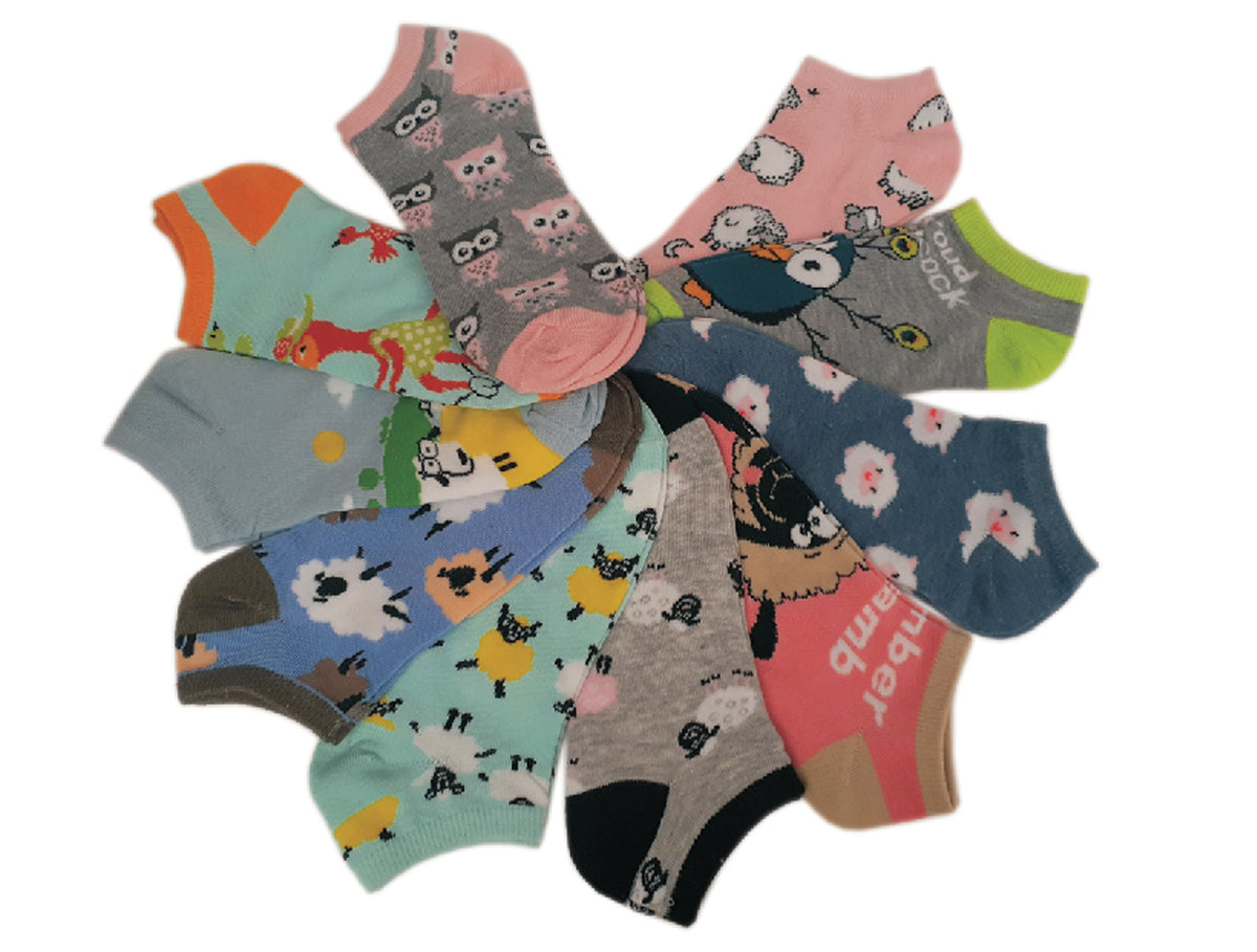 Women's No Show Novelty Socks - Sheep & Owl Print - 10-Pair Packs - Size 9-11