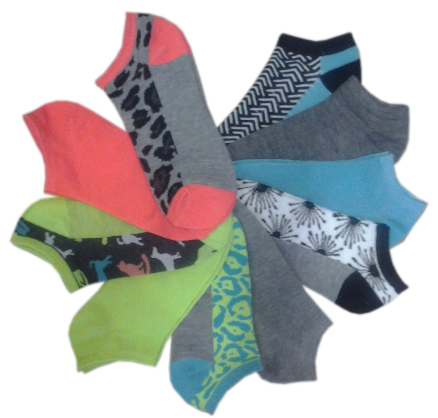 Women's No Show Novelty Socks - Assorted Patterns - 10-Pair Packs - Size 9-11