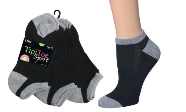 Women's Cushioned Ankle Socks w/ Grey Heel & Toe - Black - Size 9-11 - 3-Pair Packs