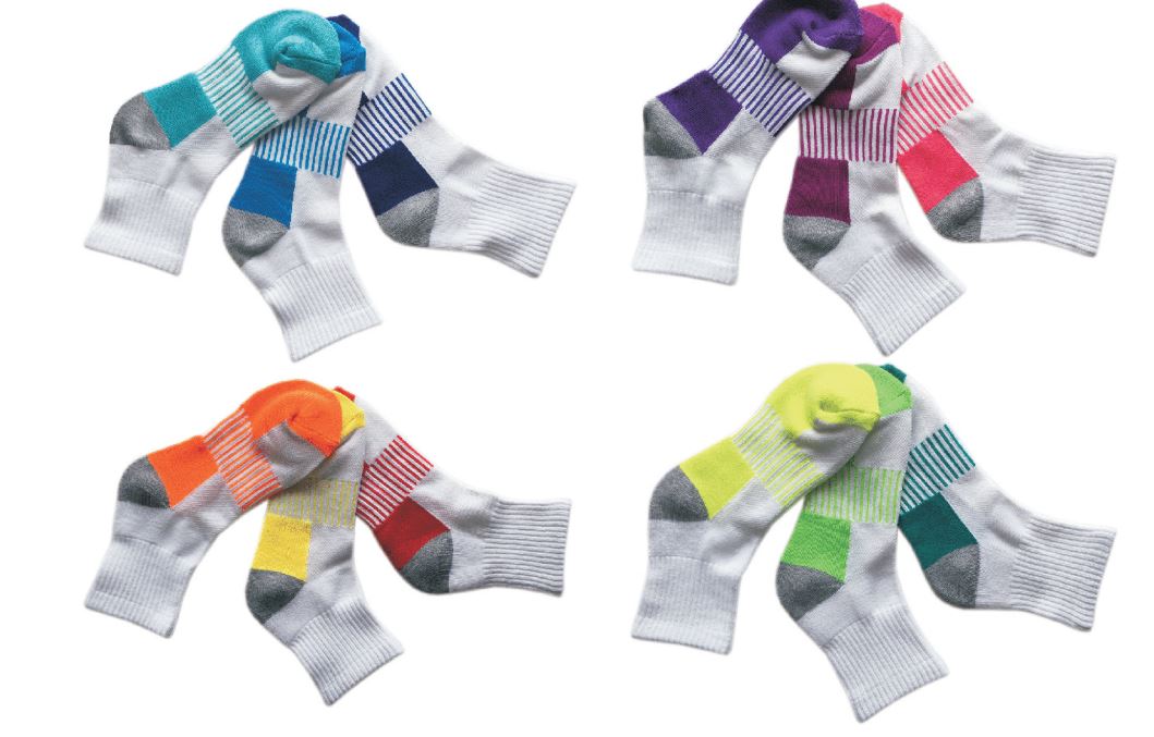 Women's Quarter-Length Cushioned White Ankle Socks w/ Stripes - Two Tone Assorted Colors - 3-Pair Packs