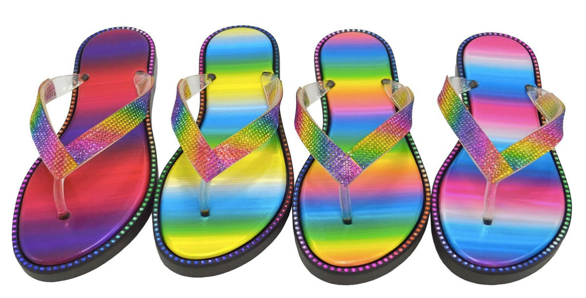 Women's Rainbow Thong Flip Flop Sandals w/ Embroidered Gems & Ombre Soft Footbed - Yellow & Blue Footbed