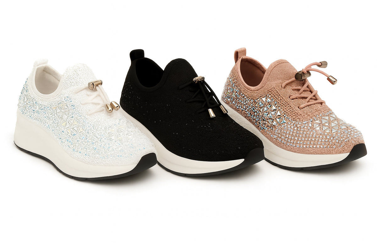 Girl's Rhinestone Embellished Slip-On Sneakers w/ Drawstring Laces