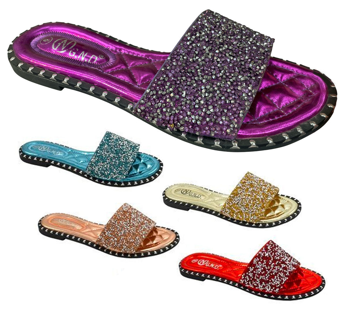 Women's Slide Sandals w/ Quilted Sole & Glitter Strap