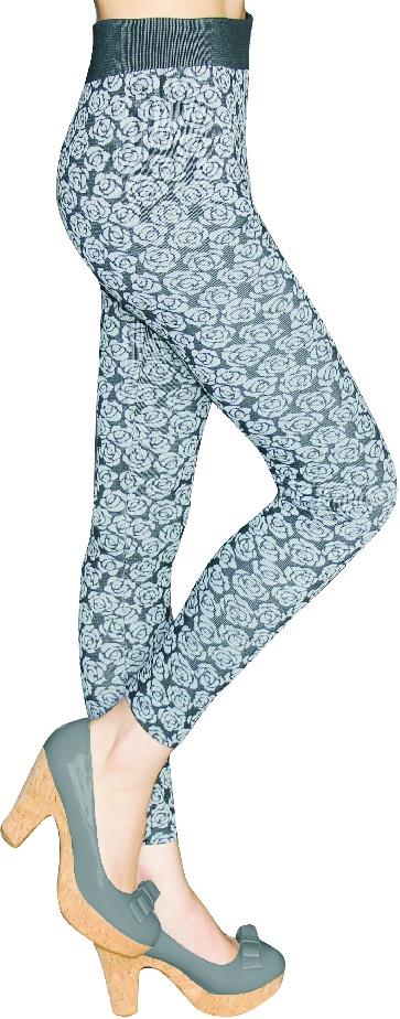 Women's Hacci Knit Fashion Leggings w/ Brushed Lining - Black & White Rose Floral Print