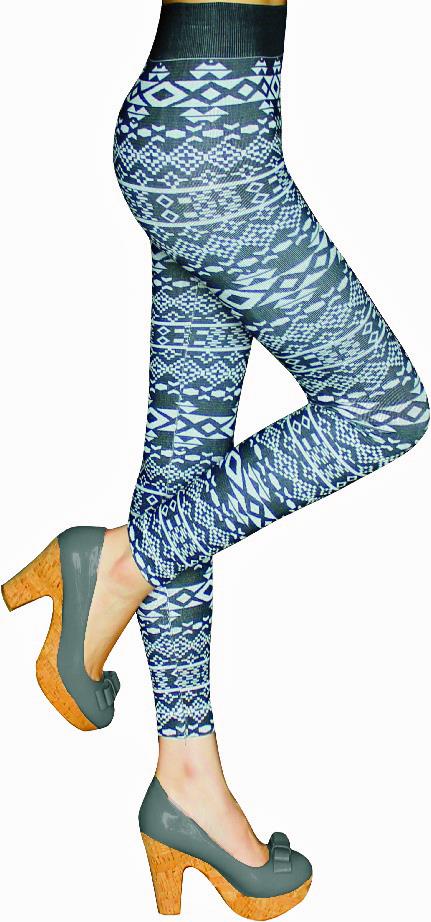 Women's Hacci Knit Fashion Leggings w/ Brushed Lining - Black & White Tribal Print