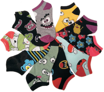 Girl's No Show Socks - Monster Print - Size 6-8 - 10-Pair Packs