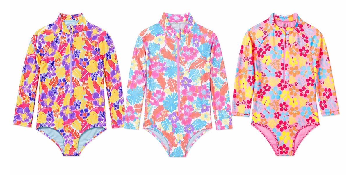Toddler Girls Long Sleeve Rash Guards - Colorful Floral & Palm Tree Print - Sizes 2T-4T