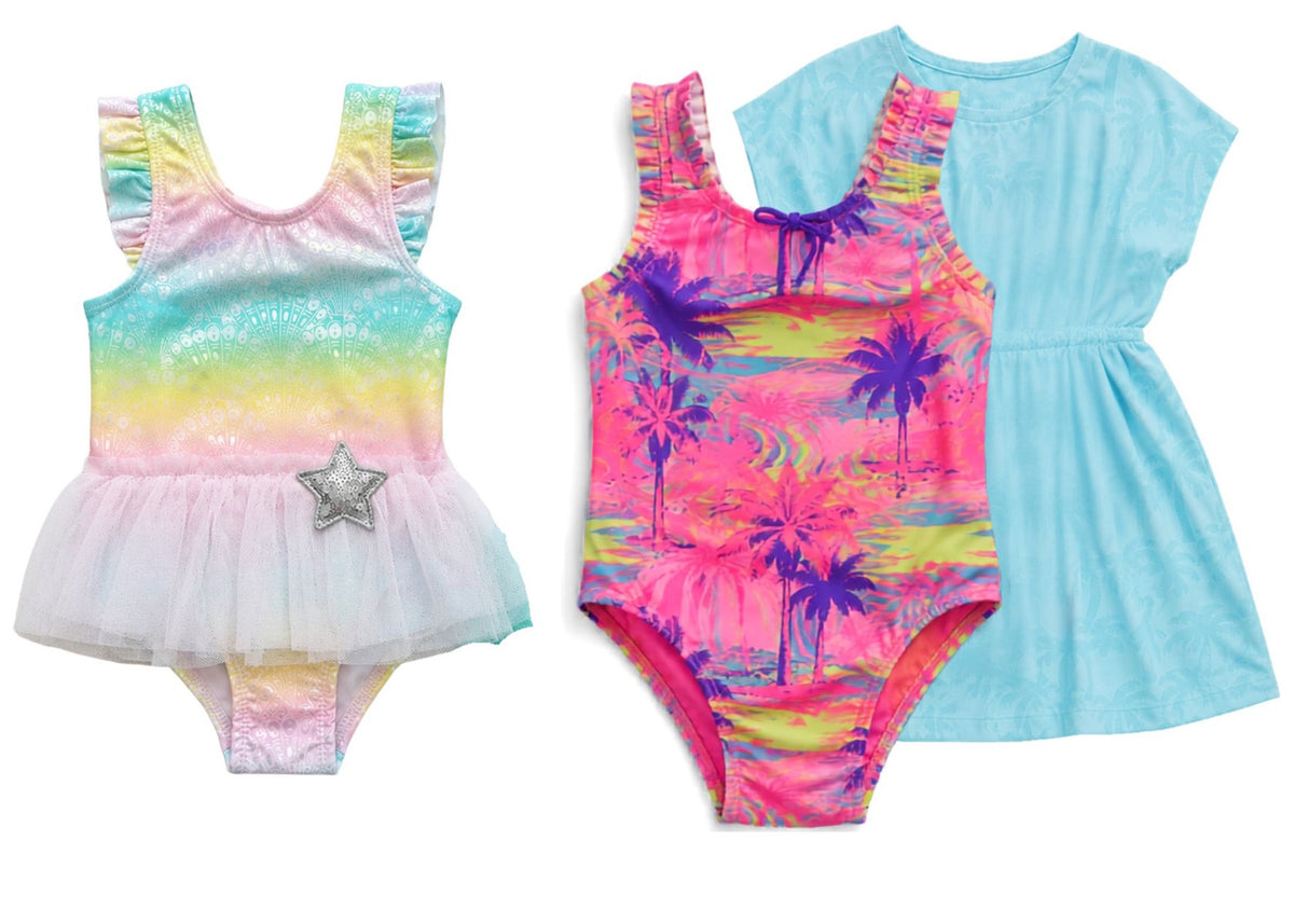 Toddler Girl's One-Piece Swimsuits w/ Ruffle Dress Details - Tie-Dye & Tropical Print - Size 2T-4T