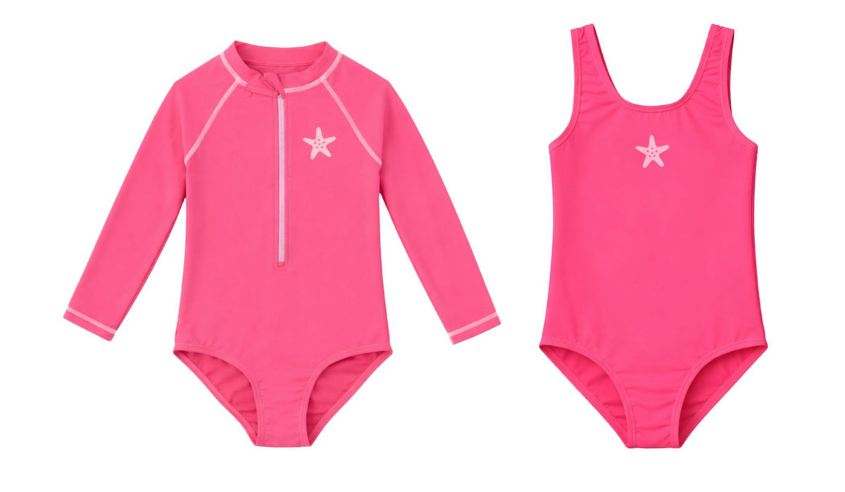 Girl's One-Piece Long Sleeve Rash Guard - Pink & Starfish Chest Emblem - Sizes 4-6X