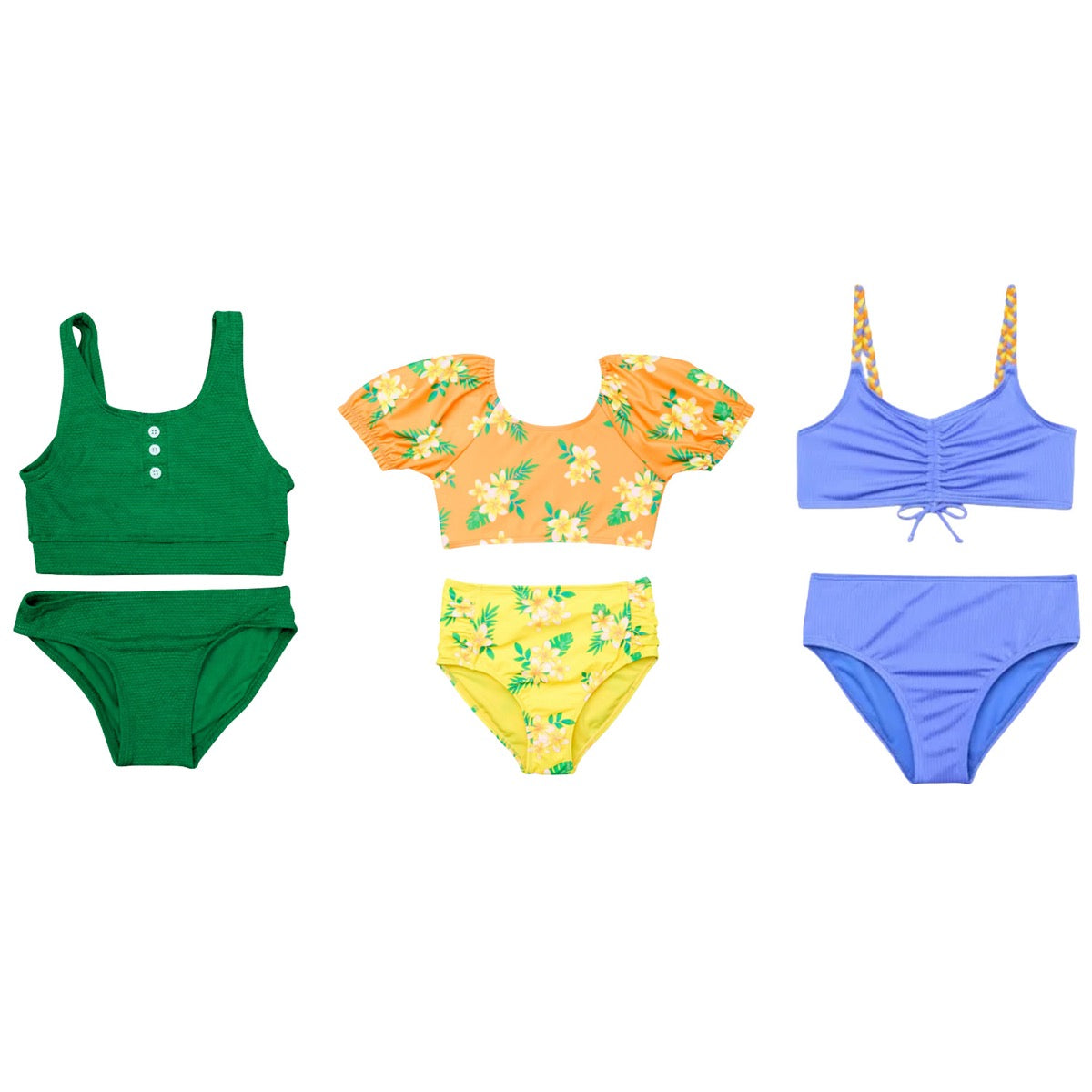 Girl's Two-Piece Swimsuits w/ Ruffle Details - Floral & Solid Print - Sizes 4-8