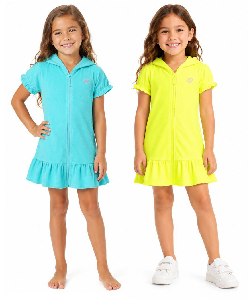 Girl's Short-Sleeve Terry Cloth Zip-Up Hooded Beach Robes - Blue & Yellow - Size 4-6X
