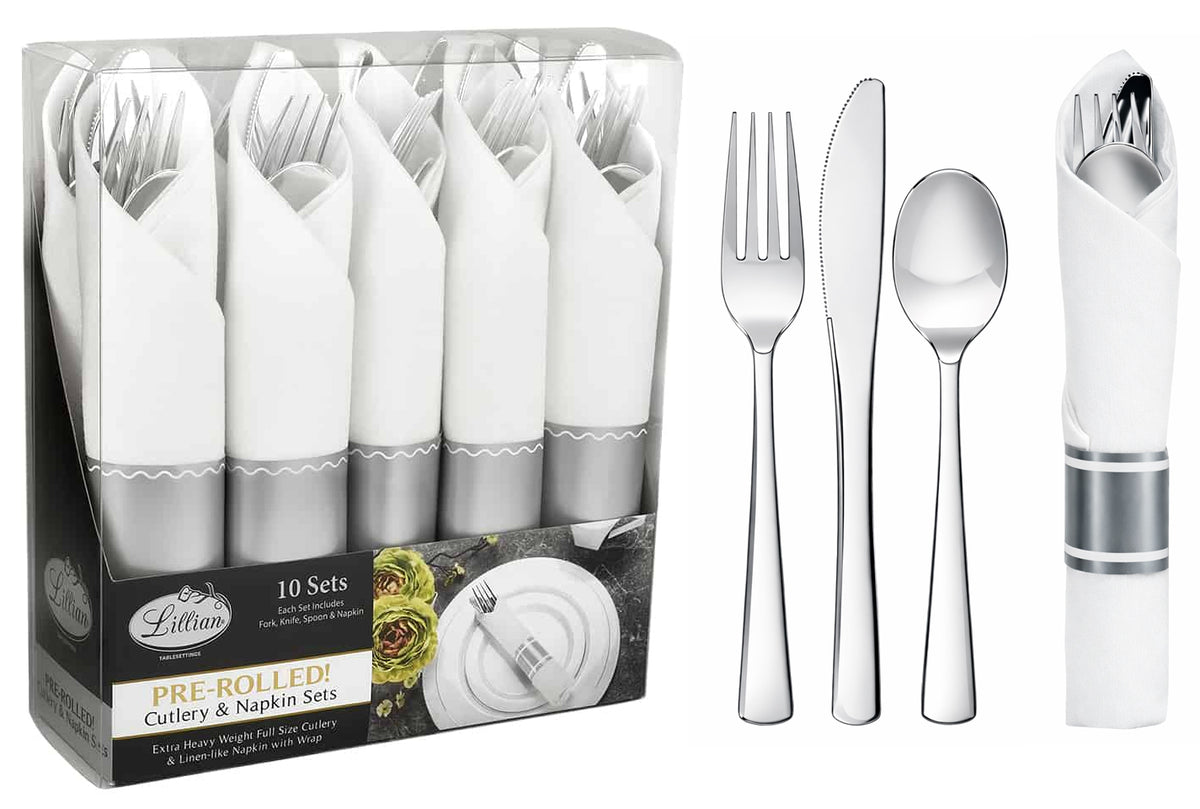 Lillian Pre-Rolled Premium Disposable Cutlery Sets - Silver - 10-Packs