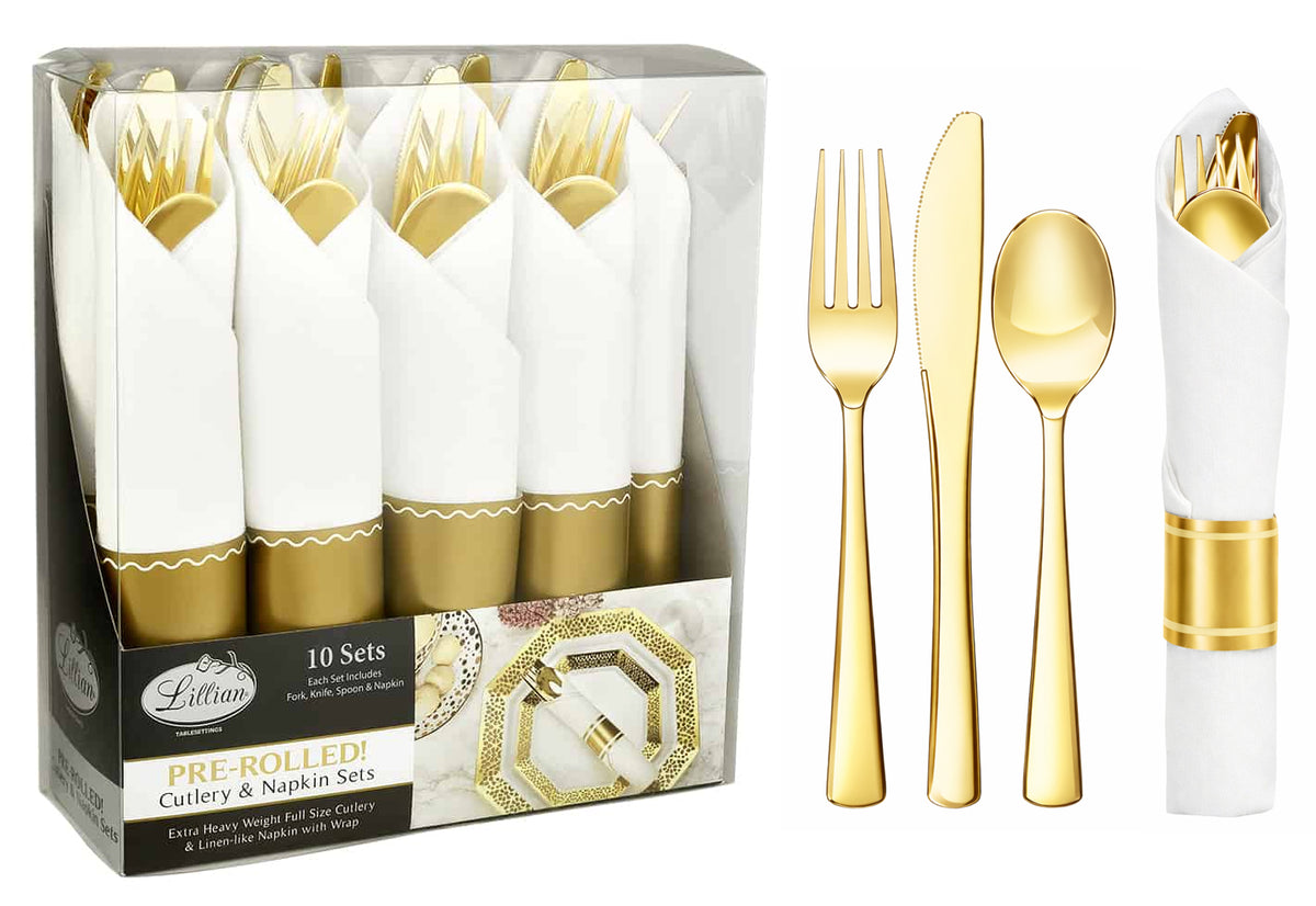 Lillian Pre-Rolled Premium Disposable Cutlery Sets - Gold - 10-Packs
