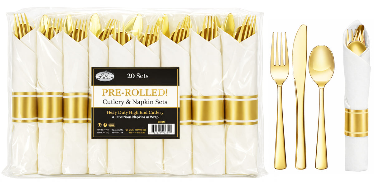 Lillian Pre-Rolled Premium Disposable Cutlery Sets - Gold - 20-Packs