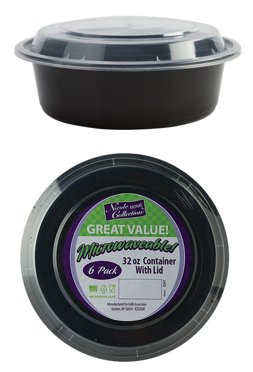 7" Round Deep Microwaveable Containers - Black - 6-Packs - Nicole Home Collection