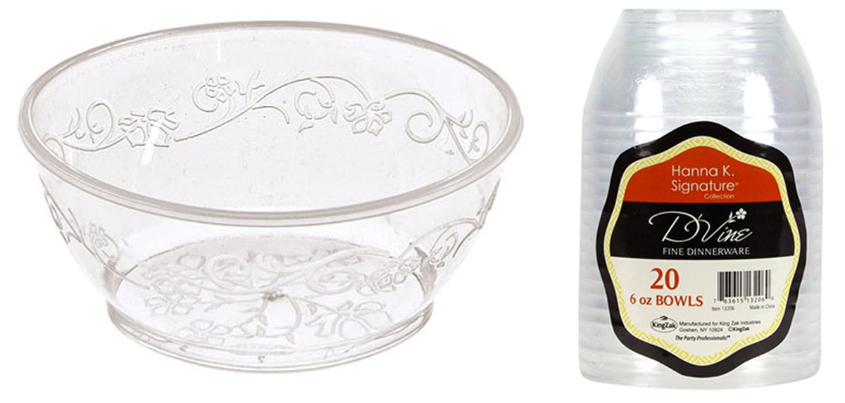 Heavyweight Plastic 6 oz. Clear D'Vine Bowl 20-Packs - Hanna K. Signature