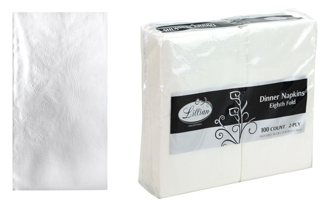1/8 Fold Dinner Napkin - 2 Ply - White - 100-Packs - Lillian