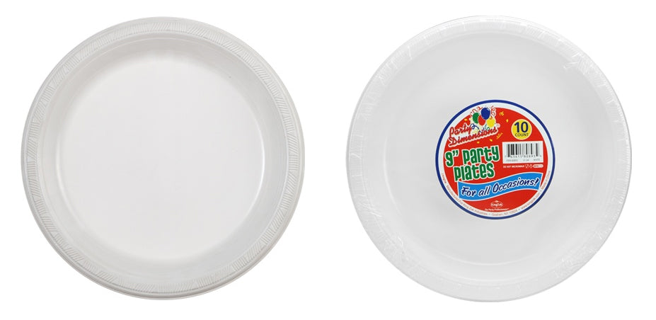 9" White Plastic Plates 10-Packs - Party Dimensions