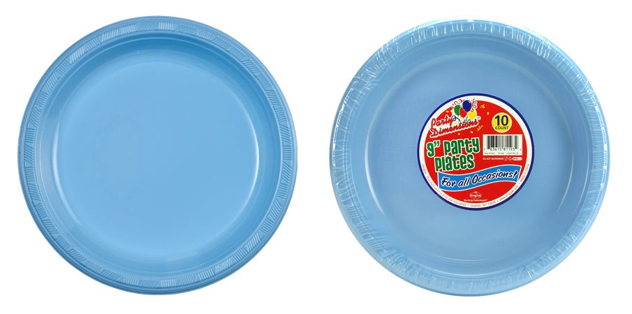 9" Light Blue Plastic Plate 10-Packs - Party Dimensions