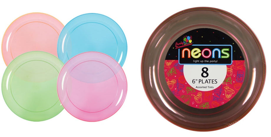 6" Neon Plastic Plates 4 Assorted Colors 8-Packs - Party Dimensions Neons