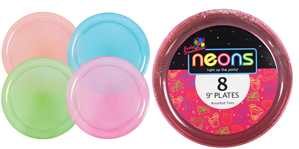9" Neon Plastic Plates 4 Assorted Colors 8-Packs - Party Dimensions Neons