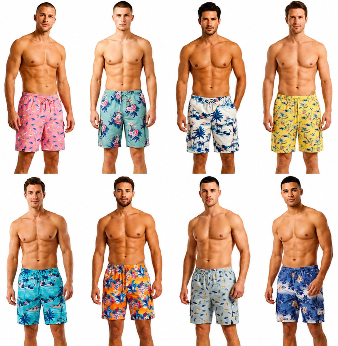 Men's Printed Swim Trunks w/ Side Cargo Pocket - Tropical & Beach Print - Size Small-XL