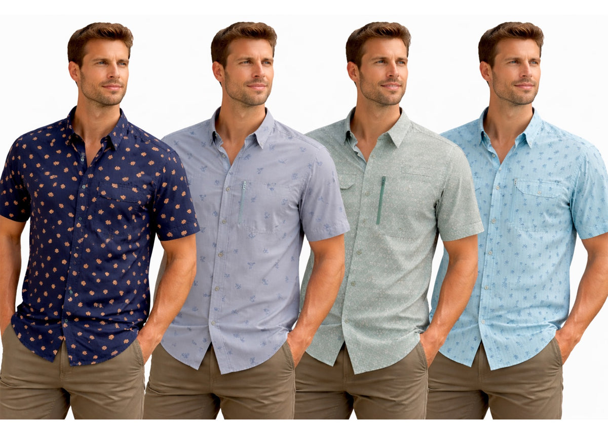 Men's Printed Button Down UPF Performance Shirts w/ Chest Cargo Pocket - Assorted Prints - Sizes Small-XL