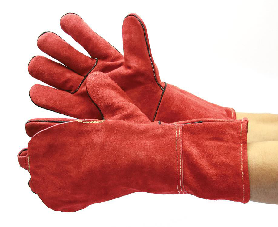 Sock Lined Red Cow Split Leather Welding Gloves w/ Guard Panel - Size: Large