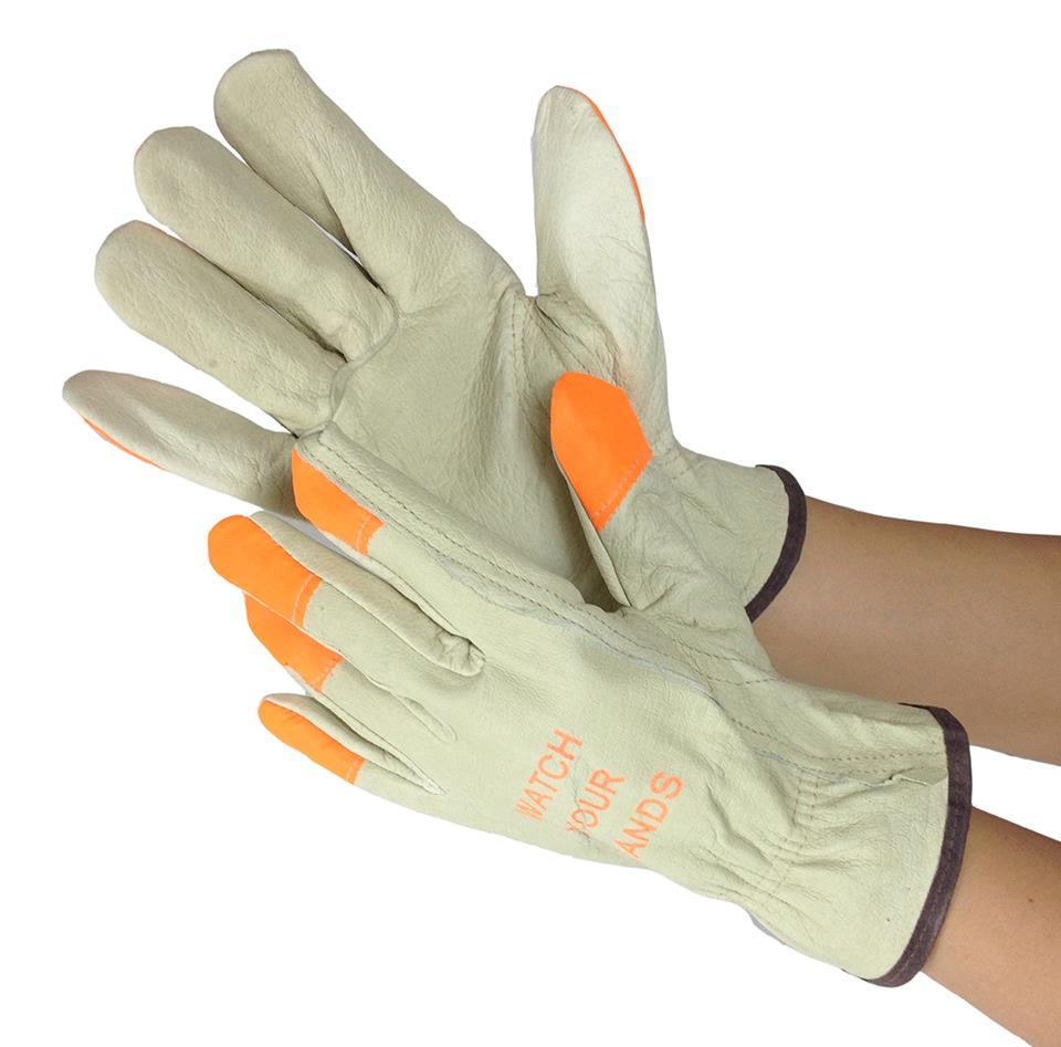 Pig Skin Driver Gloves w/ High Visability Orange Fingertips - Size: Medium