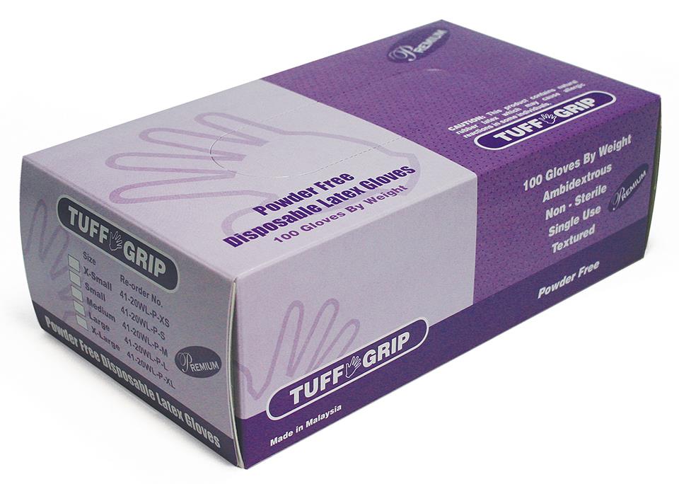 Premium Grade Powder Free Disposable Latex Gloves - Tuff Grip - Size: Small