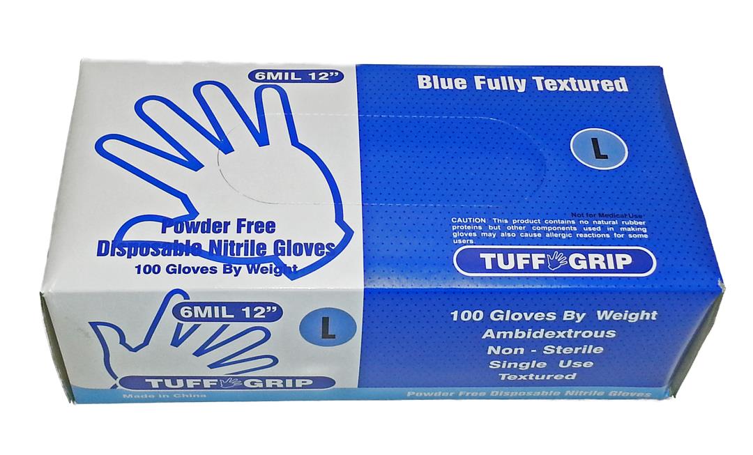 12" High Risk Powder Free Disposable Nitrile Gloves - Tuff Grip - Size: Small
